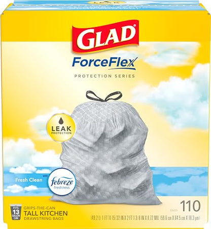 Glad ForceFlex Tall Kitchen Drawstring Trash Bags, 13 Gal, Fresh Clean, 110 Ct, Pack May Vary