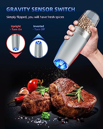 Gravity Electric Pepper and Salt Grinder Set, Adjustable Coarseness, Battery Powered with LED Light, One Hand Automatic Operation, Light Grey, 2 Pack