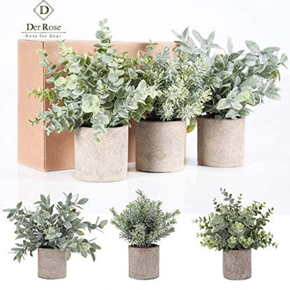 Der Rose 3 Pack Mini Potted Fake Plants Artificial Plastic Eucalyptus Plants for Home Office Desk Farmhouse Room Decor