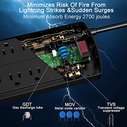 Surge Protector Power Strip - Nuetsa Flat Plug Extension Cord with 8 Outlets and 4 USB Ports, 6 Feet Power Cord (1625W/13A), 2700 Joules, ETL Listed, Black