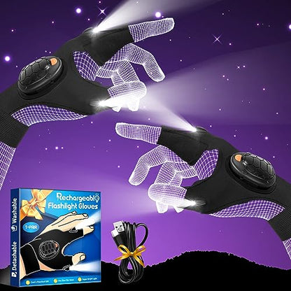 LED Flashlight Gloves with Waterproof Lights - Rechargeable Finger Light Stocking Stuffers for Men Dad Husband Cool Gadgets Tool Fishing Camping Unique Christmas Gifts for Men Who Have Everything