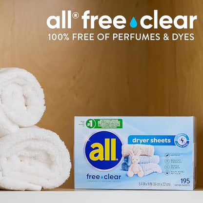 all Fabric Softener Dryer Sheets for Sensitive Skin, Free Clear, 195 Count