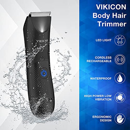 VIKICON Manscape Trimmer for Men - IPX7 Waterproof Ball Trimmer w/Light & Ceramic Blade, Body Groomer for Pubic/Body/Groin Grooming, Electric Razor Shavers, USB-C Charging, No Nicks, Gifts for Him Dad