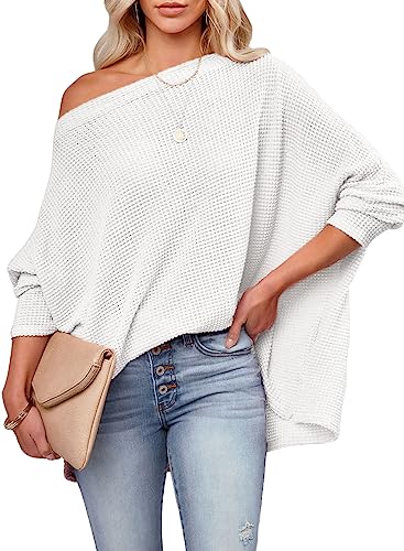 Dokotoo Women's Long Sleeve Waffle Knit Tops Boat Neck Casual Loose Fit Shirts Tunic Off The Shoulder Blouses for Women Fashion 2023 White Small