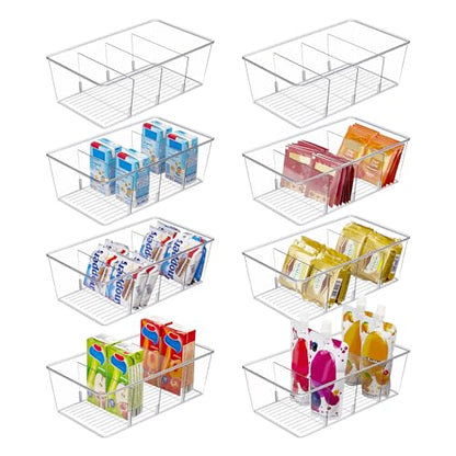 Vtopmart 8 Pack Food Storage Organizer Bins, Clear Plastic Bins for Pantry, Kitchen, Fridge, Cabinet Organization and Storage, 4 Compartment Holder for Packets, Snacks, Pouches, Spice Packets