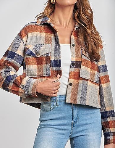 CFLONGE 2023 Casual Cropped Shacket Jackets Women Fashion Button Down Plaid Shirt for Women Long Sleeve Flannel Blouses Top(Dark Blue,Large)