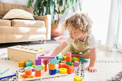 LOVEVERY | The Block Set | Solid Wood Building Blocks and Shapes + Wooden Storage Box, 70 Pieces, 18 Colors, 20+ Activities, Toddler Block Set and Converts into a Pull Car, Ages 18 to 48+ Months