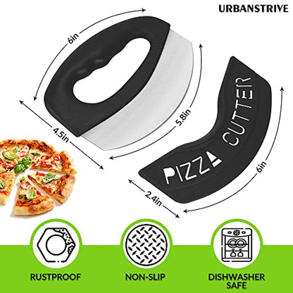 Urbanstrive Heavy Duty Stainless Steel Pizza Cutter with Cover, Super Sharp Blade Pizza Knife Pizza Cutter Rocker, Perfect Kitchen Gadgets for Pizza Cutting Home Essentials, Black