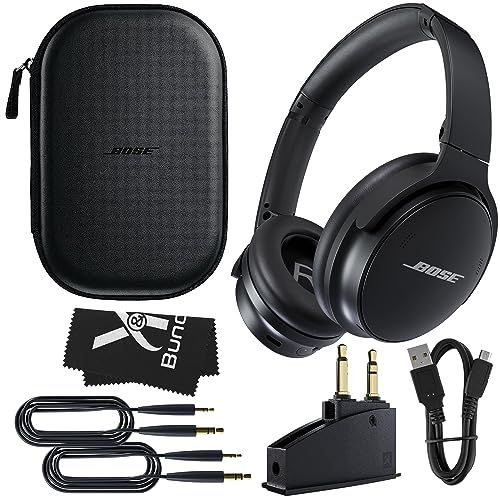 Bose QuietComfort 45 Headphones Bundle with QC15 Airplane Jack Adapter, Audio Cable, Cloth - Bluetooth Wireless Noise Canceling Headphones, Over Ear Headphones Bose Noise Cancelling Headphones (Black)
