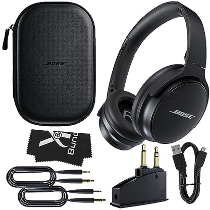 Bose QuietComfort 45 Headphones Bundle with QC15 Airplane Jack Adapter, Audio Cable, Cloth - Bluetooth Wireless Noise Canceling Headphones, Over Ear Headphones Bose Noise Cancelling Headphones (Black)
