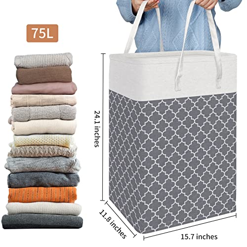 HomeHacks Laundry Baskets 2-Pack, Laundry Hamper with Long Handles, Collapsible Waterproof Clothes Hamper, Durable Tall Laundry Bin, Clothes Hamper for Bedroom, Bathroom, Dorm, Toys, 75L, Grey