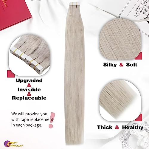 Moresoo Blonde Tape in Human Hair Extensions Seamless Tape in Hair White Blonde Hair Extensions Real Human Hair Extensions Tape in Invisible Hair Extensions Real Hair 10 Inch #60A 20pcs 30g