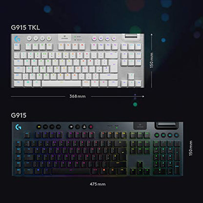 Logitech G915 TKL Tenkeyless Lightspeed Wireless RGB Mechanical Gaming Keyboard, Low Profile Switch Options, Lightsync RGB, Advanced Wireless and Bluetooth Support - Tactile, White