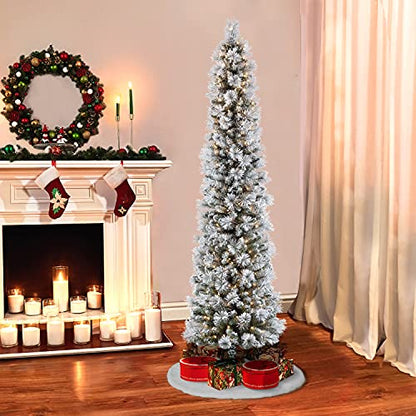 Puleo International 6.5 Foot Pre-Lit Flocked Portland Pine Pencil Artificial Christmas Tree with 300 UL-Listed Clear Lights