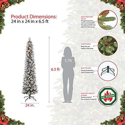 Puleo International 6.5 Foot Pre-Lit Flocked Portland Pine Pencil Artificial Christmas Tree with 300 UL-Listed Clear Lights