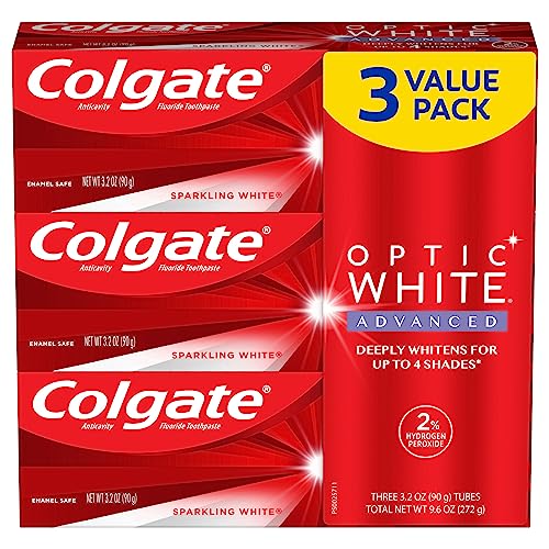 Colgate Optic White Advanced Teeth Whitening Toothpaste, 2% Hydrogen Peroxide Toothpaste, Sparkling White, 3.2 Oz, 3 Pack