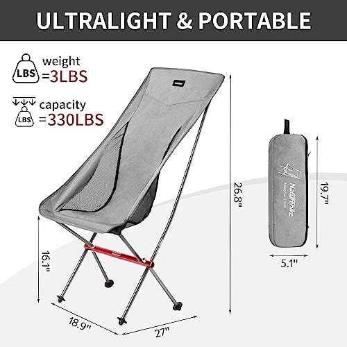 Naturehike Ultralight Foldable Camping Chair Portable High Back Compact Collapsible Chair Supports 330lbs for Garden Lawn Picnic Backpacking Travel Beach Fishing Hiking Chair with Storage Bag, Grey