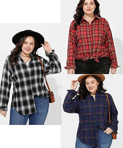 RITERA Plus Size Tops for Women Button Down Shirts Plaid Shacket Long Sleeve Collared Business Casual Fall Flannel Blouse Black Orange 2XL 18W 20W