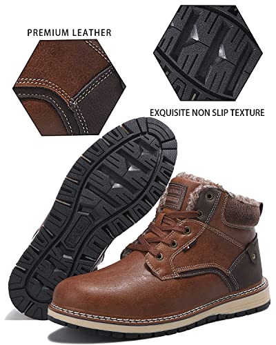 AX BOXING Mens Winter Boots Snow Boots Outdoor Warm Non Slip Fur Lined Ankle Boots Leather Shoes(Brown_Fur Lined, Size 8.5)