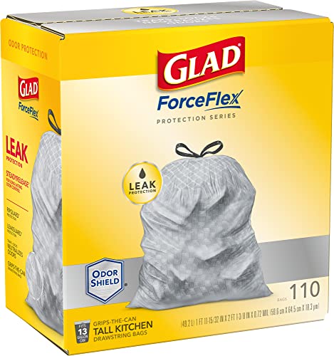 Glad ForceFlex Protection Series Tall Kitchen Drawstring Trash Bags, 13 Gal, 110 Ct, Pack May Vary