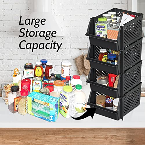 Skywin Plastic Stackable Storage Bins for Pantry - 4-Pack Black Stackable Bins For Organizing Food, Kitchen, and Bathroom Essentials