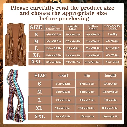 Leumoi 5 Pcs 60s 70s Costume for Women Disco Outfits Hippie Accessories Fringe Vest Boho Flared Pants Set for Halloween (Retro,Medium)