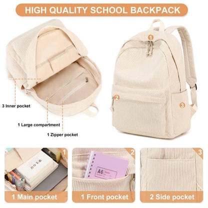 School Backpack for Teens Large Corduroy Bookbag Lightweight 17 inch Laptop Bag for Girls Women Casual High School College (Corduroy-Beige)