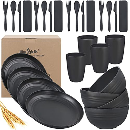 Wheat Straw Dinnerware Sets, 28PCS Plastic Plates and Bowls Sets College Dorm Room Essentials Dishes Set with Cutlery Set Microwave Safe (Black)