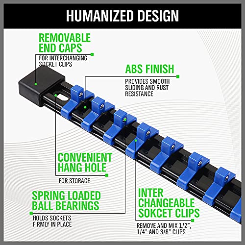 SWANLAKE Organizer Socket Holder, 6PCS 1/4-Inch x 48 Clips, 3/8-Inch x 45 Clips, 1/2-Inch x 36 Clips, Premium Quality Socket Clip Rail Holder