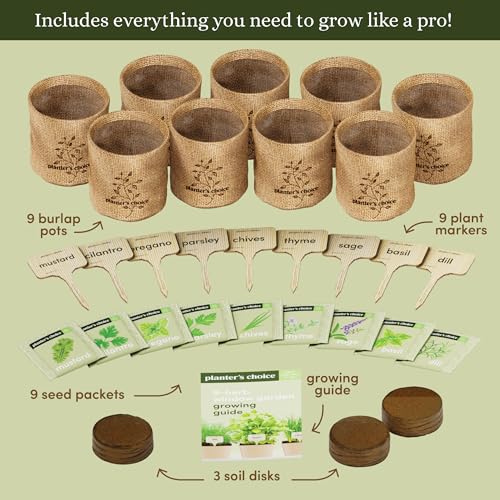 9 Herb Indoor Window Garden Kit - House Plants Seeds - Best Unique Gift Ideas for Women, Mom, Friend, Her, Birthday, Housewarming, Mother - New Home Kitchen Gifts - Live Plant Starter (Burlap Pots)