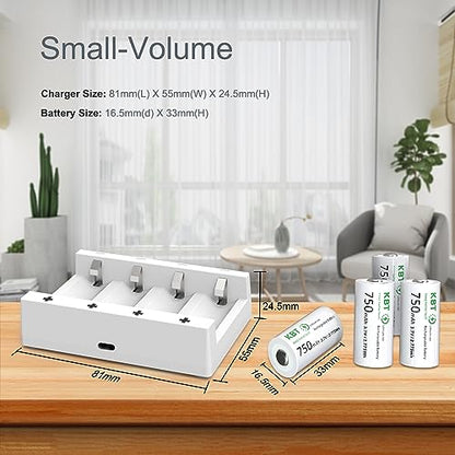 KBT 8-Pack 3.7V 750mAh CR123A Lithium Rechargeable Battery, 2A Fast Smart Charger for Flashlight, Headlamp, Arlo Camera