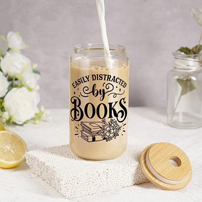 Coolife Book Themed 16oz Glass Cups w/Lids & Straws, Gifts for Book Lovers - Book Club Bookish Gifts, Librarian Gifts, Christmas, Bookworm Gifts for Readers, Teacher, Book Lovers Gift Ideas