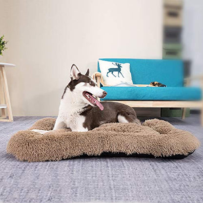 Coohom Deluxe Plush Bed Pet Cushion Crate Mat,Fulffy Comfy Kennel Anti-Slip Washable Pad for Medium Large X-Large Dogs(X-Large, Khaki)