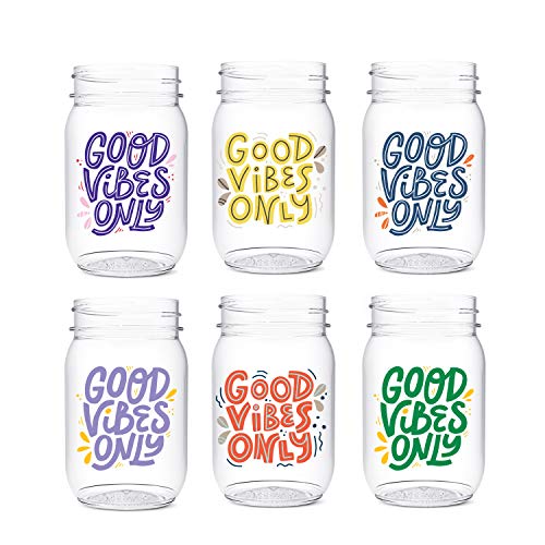 TOSSWARE POP 16oz Mason Good Vibes Only Series, SET OF 6, Recyclable, Premium Quality, Unbreakable & Crystal Clear Plastic Printed Mason Jars, good vibes vino