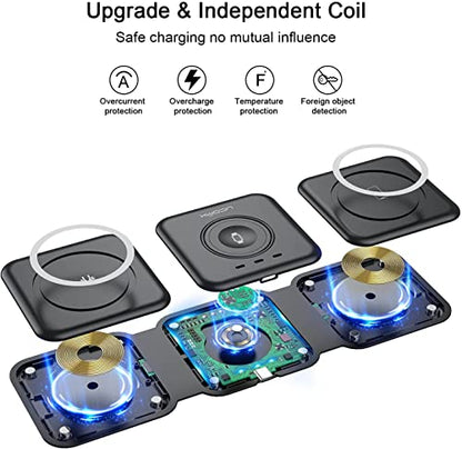 UCOMX Nano 3 in 1 Wireless Charger for iPhone,Magnetic Foldable 3 in 1 Charging Station,Travel Charger for Multple Devices for iPhone 14/13/12 Series,AirPods 3/2/Pro,iWatch(Adapter Included)