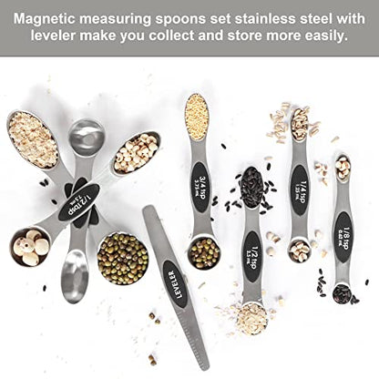 Magnetic Measuring Spoons Set Stainless Steel with Leveler, Stackable Metal Tablespoon Measure Spoon for Baking, Measuring Cups and Spoon Set Kitchen Gadgets Apartment Essentials Fits in Spice Jars