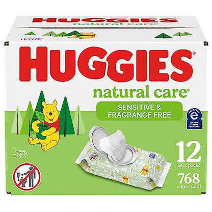 Huggies Natural Care Sensitive Baby Wipes, Unscented, Hypoallergenic, 99% Purified Water, 12 Flip-Top Packs (768 Wipes Total)