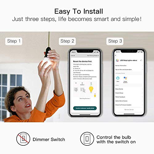 TREATLIFE Smart Light Bulbs, WiFi LED Light Bulb, Dimmable Smart Bulb Works with Alexa, Google Home, SmartThings, Warm White& Cool White(2700K-6500K), 2.4Ghz, 800LM, E26, A19, 9W, No Hub Required