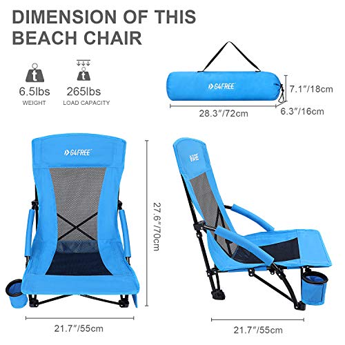 G4Free Low Sling Beach Chair, Folding Portable Beach Chair, Backpack Camping Chair for Adults with Mesh Back and Low Seat, Heavy Duty Reclining for Sand Camping (Blue)