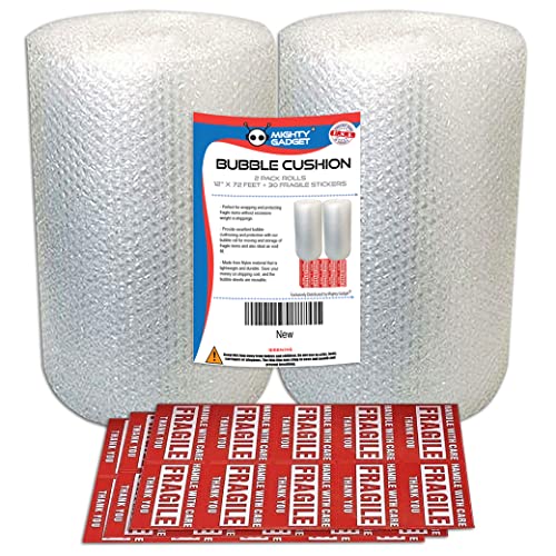 2-Pack Mighty Gadget Bubble Cushioning Wrap Rolls, Air Bubble, 12 Inch x 72 Feet Total, Perforated Every 12", Free Bonus Fragile Stickers Included