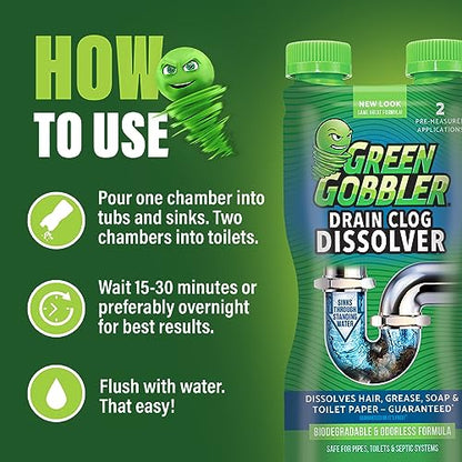 Green Gobbler Liquid Hair Drain Clog Remover & Cleaner, For Toilets, Sinks, Tubs - Septic Safe, 2 Pack