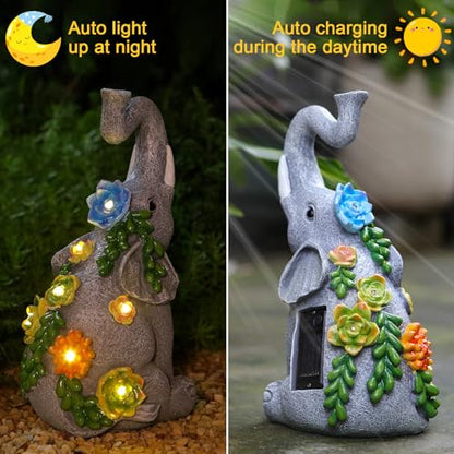 IVCOOLE Outdoor Elephant Sculpture Statue - Solar Garden Succulents Elephant Light Decoration for Patio, Home and Yard - Perfect Good Luck Gift for Women and Moms - Housewarming Decor