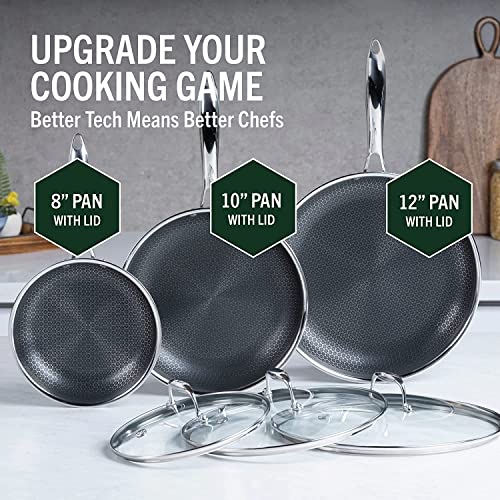 HexClad 6 Piece Hybrid Nonstick Pan Set 8, 10 and 12 Inch Frying Pans with Glass Lids, Dishwasher and Oven Safe, Works on Induction, Ceramic and Gas Cooktops