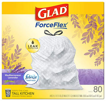 Glad OdorShield Tall Kitchen Drawstring Trash Bags - Febreze Mediterranean Lavender - 13 Gallon - 80 Count