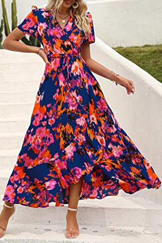 PRETTYGARDEN Women's Summer Wrap Maxi Dress Casual Boho Floral V Neck Short Sleeve Ruffle Hem Split Beach Long Dresses (Blue Orange Floral,XX-Large)