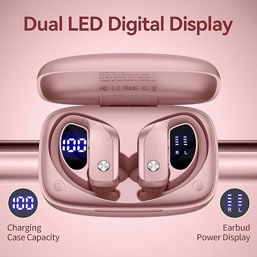 Wireless Earbuds Bluetooth Headphones 48hrs Play Back Sport Earphones with LED Display Over-Ear Buds with Earhooks Built-in Mic Headset for Workout Pink BMANI-VEAT00L