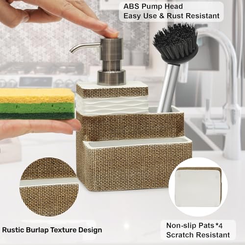 Suanti Kitchen Dish Soap Dispenser with Sponge Holder&Brush Holder for Sink Organize Eco-Friendly Resin Hand Soap Sponge Dispenser 3 in 1 Hold 11oz Liquid Dish Soap,Scrubber for Bathroom-Brown&White