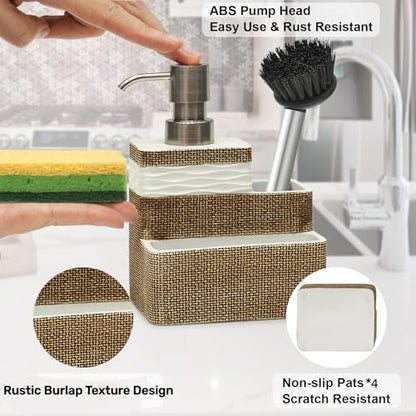 Suanti Kitchen Dish Soap Dispenser with Sponge Holder&Brush Holder for Sink Organize Eco-Friendly Resin Hand Soap Sponge Dispenser 3 in 1 Hold 11oz Liquid Dish Soap,Scrubber for Bathroom-Brown&White