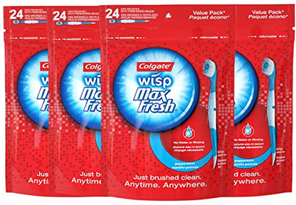 Colgate Max Fresh Wisp Disposable Mini Travel Toothbrushes, Peppermint, 24 Count (Pack of 4)