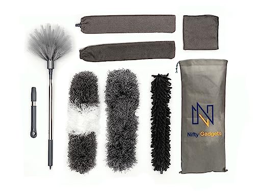 Nifty Gadgets Feather Duster Set - Premium Quality Microfiber Cleaning Brushes with Extendable Handle for Dusting - Reusable, Bendable Dusters, Washable Lightweight